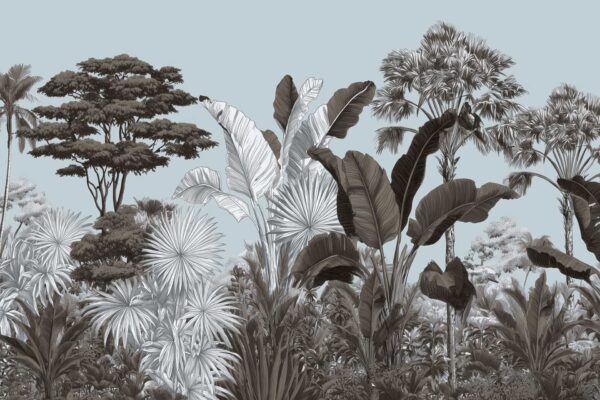 Wallpaper illustration features: dense tropical jungle, various tree silhouettes, large-leafed plants, layering of foliage. Dominant shades: gray and black for plants and trees, light blue sky background. "Leader of the Pack" figure emerging subtly from overlapping vegetation. Elements include lush leaves, textured canopies, contrasting dark flora against pale blue.