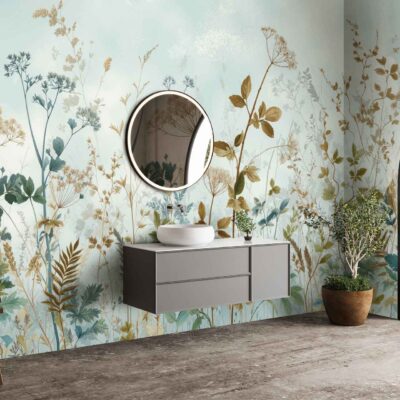 Botanical wallpaper featuring lush green leaves, tropical foliage, and subtle botanical illustrations in shades of emerald, sage, olive, cream, and soft gold accents. Leafy patterns intertwine with floral motifs for a vibrant yet serene backdrop.