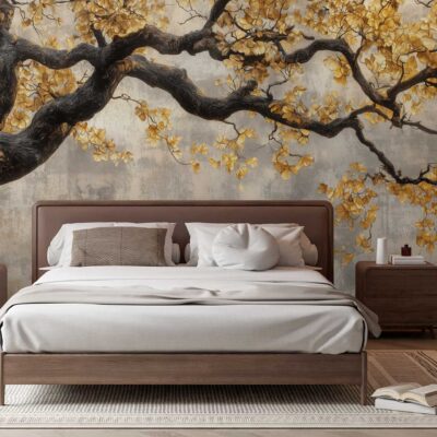 Wallpaper features a striking mural of a large tree with intricate branches and vibrant golden leaves. Background uses soft, earthy neutrals, while metallic gold accents highlight the foliage. Detailed bark texture in warm brown tones enhances depth. The overall palette includes gold, brown, beige, taupe, and hints of bronze—creating an elegant and nature-inspired focal point for the bedroom wall.