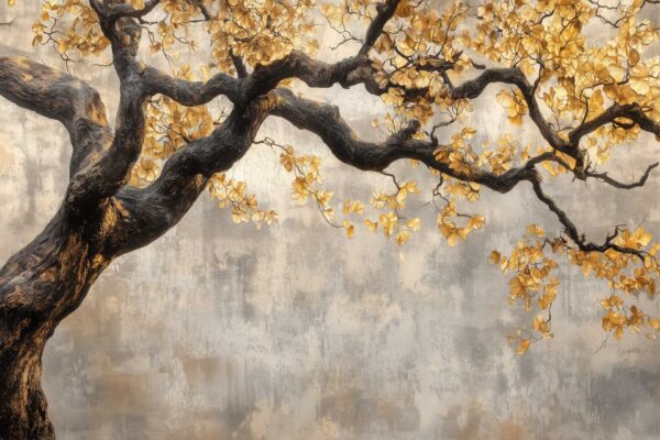 Wallpaper features: dark twisted tree branch, golden-yellow leaves, textured background in muted gray and beige; strong contrast between branch and surroundings.