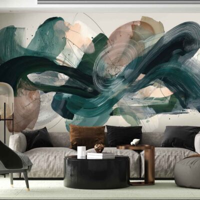 Abstract mural wallpaper featuring bold brushstrokes in green, blue, and beige. The design uses large sweeping patterns and painterly textures, creating a dynamic and modern artistic backdrop.