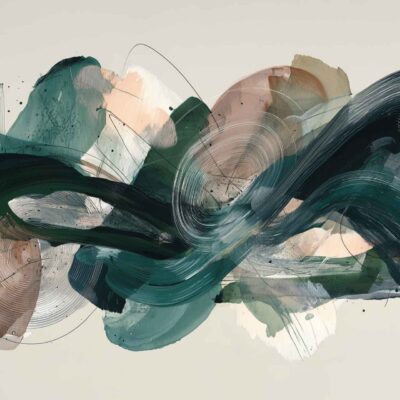 Abstract wallpaper features sweeping, curved brushstrokes in dark green, teal, beige, and soft brown tones. Layered textures and translucent areas appear on a light background, creating a sense of movement.