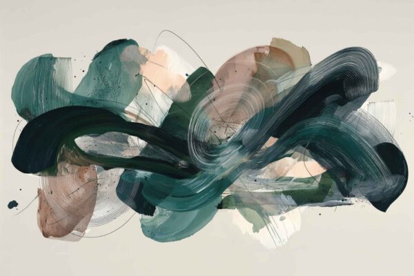 Abstract wallpaper features sweeping, curved brushstrokes in dark green, teal, beige, and soft brown tones. Layered textures and translucent areas appear on a light background, creating a sense of movement.