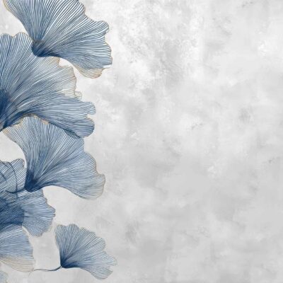 Abstract wallpaper featuring blue and gold fan-shaped leaves arranged on the left side of a light gray textured background with plenty of empty space on the right. Key elements: blue leaves, gold leaves, fan shapes, light gray background, texture, minimal design, ample empty space.
