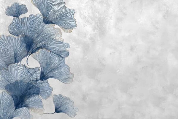 Abstract wallpaper featuring blue and gold fan-shaped leaves arranged on the left side of a light gray textured background with plenty of empty space on the right. Key elements: blue leaves, gold leaves, fan shapes, light gray background, texture, minimal design, ample empty space.
