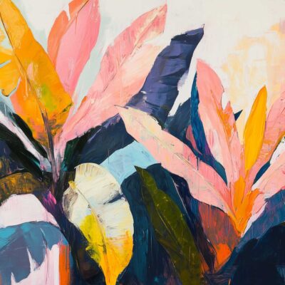 Colorful abstract wallpaper featuring tropical leaves in vivid shades of pink, yellow, orange, blue, and green. Bold brushstrokes create dynamic leaf shapes on a bright, textured background. The design showcases painterly layering and vibrant colors that stand out—perfect for a lively, artistic decor accent.