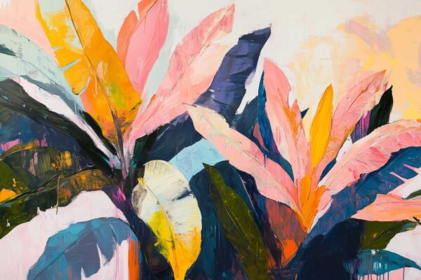 Colorful abstract wallpaper featuring tropical leaves in vivid shades of pink, yellow, orange, blue, and green. Bold brushstrokes create dynamic leaf shapes on a bright, textured background. The design showcases painterly layering and vibrant colors that stand out—perfect for a lively, artistic decor accent.