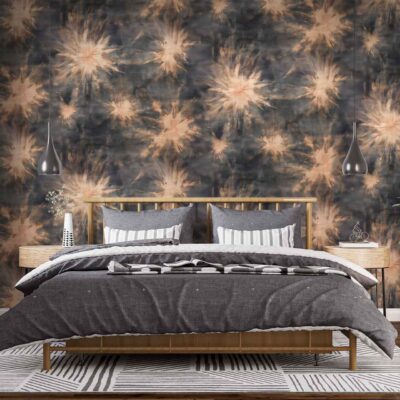 Striking tie-dye patterned accent wall with swirling geometric shapes, featuring bold and muted tones of blue, gray, white, and hints of charcoal. The wallpaper showcases abstract dye effects and layered organic forms for a contemporary artistic statement.