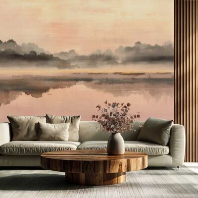 Serene lakeside landscape wallpaper featuring tranquil water reflecting tall trees, soft sunset hues of orange, pink, and gold, wispy clouds, natural greens and blues. Calm atmosphere with mirrored treetops and gentle ripples. Lakeshore details with silhouetted foliage create a peaceful mural backdrop.