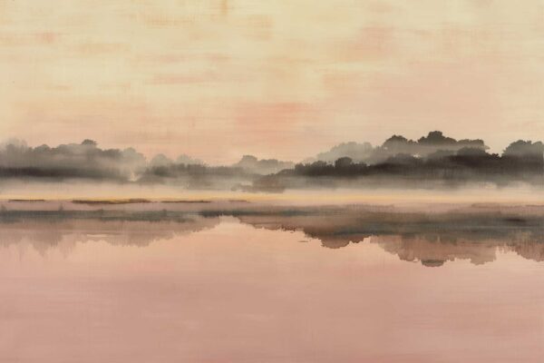 Wallpaper features: serene landscape, calm water reflection, trees and shrubs, soft mist, sunset sky, warm pastel colors (peach, pink, lavender), peaceful tranquil atmosphere.