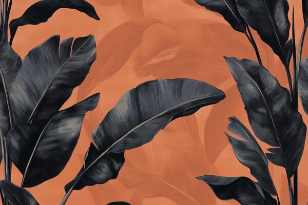 Dark, detailed tropical leaves with prominent veins on a bold burnt orange sunset background. Elegant botanical pattern features deep green and black foliage. Subtle, faint leaf shapes add depth in the background. Rich contrasts of dark greens, blacks, and warm orange tones throughout the wallpaper design.