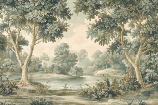 Wallpaper features: tall trees, calm pond, lush greenery, distant foliage, soft cloudy sky. Muted pastel colors: greens, blues, pale grays. Serene landscape nature scene.