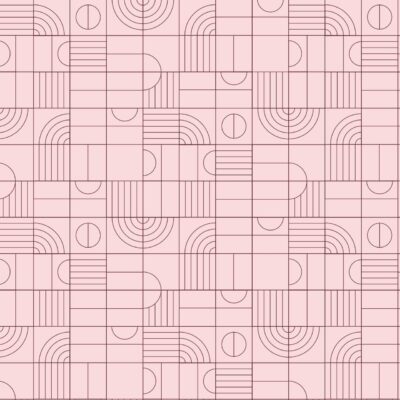 Seamless geometric wallpaper with thin, dark lines forming arcs, circles, and rectangles on a light pink background. Repetitive, orderly design; modern and abstract style. Colors: dark lines, light pink backdrop. Elements: arcs, circles, rectangles.