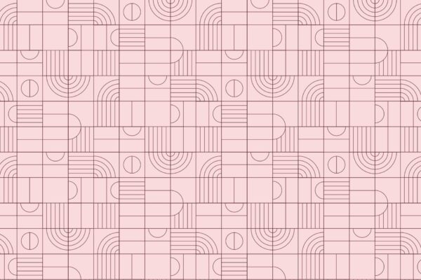 Seamless geometric wallpaper with thin, dark lines forming arcs, circles, and rectangles on a light pink background. Repetitive, orderly design; modern and abstract style. Colors: dark lines, light pink backdrop. Elements: arcs, circles, rectangles.