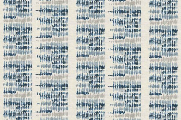 Vertical rows of blue and gray watercolor dashes and dots on a light background form an abstract striped wallpaper. Textured, painterly strokes blend color and shape, featuring harmonious cool tones—blue, gray—against a soft neutral backdrop. Pattern: repeating stripes of watercolor marks.