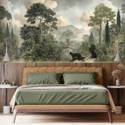 The wallpaper features a jungle mural with lush green trees, layered mountains in soft blues and grays, and a striking black panther poised among the foliage. The scene includes dense tropical plants, misty gradients, and natural earth tones for an immersive botanical look.
