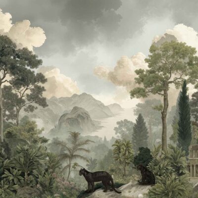 Wallpaper featuring: two black panthers, dense green jungle foliage, tall trees, misty blue-grey mountains, cloudy sky, classical stone building on the right. Rich greens, deep black, subtle greys and blues. Wildlife and nature scene with architectural accent.