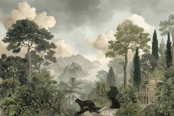 Wallpaper featuring: two black panthers, dense green jungle foliage, tall trees, misty blue-grey mountains, cloudy sky, classical stone building on the right. Rich greens, deep black, subtle greys and blues. Wildlife and nature scene with architectural accent.