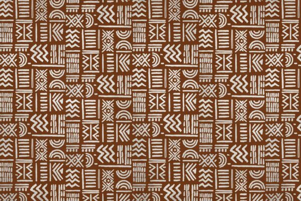 Geometric wallpaper features white tribal-style shapes and symbols—zigzags, arrows, arcs, and lines—in a repetitive grid pattern on a brown background. Elements: zigzags, arrows, arcs, lines. Colors: white motifs on brown. Tribal geometric pattern.