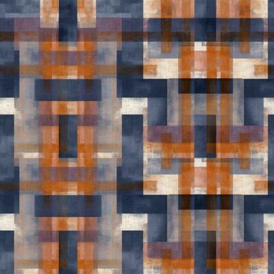 Wallpaper featuring overlapping rectangles and squares in orange, blue, gray, and beige, with a symmetrical, layered pattern. Textured geometric elements throughout.