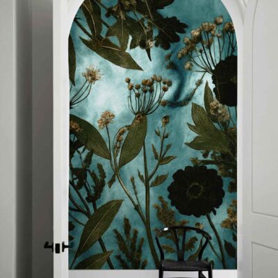 The wallpaper displays a bold botanical mural with dark flowers and leaves set against a teal background. The design highlights rich floral patterns in deep shades, contrasted vividly by the teal, creating a dramatic natural look ideal for search filters.