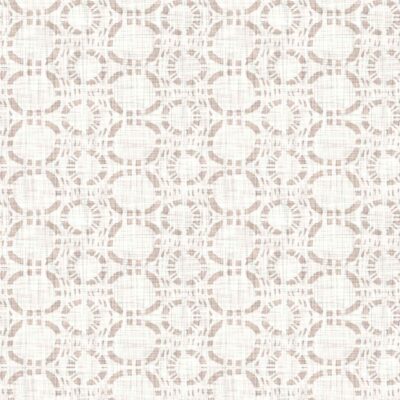 Wallpaper features interlocking light brown circles with a woven texture on a white background. Geometric, rustic pattern highlights circular shapes and earthy tones.