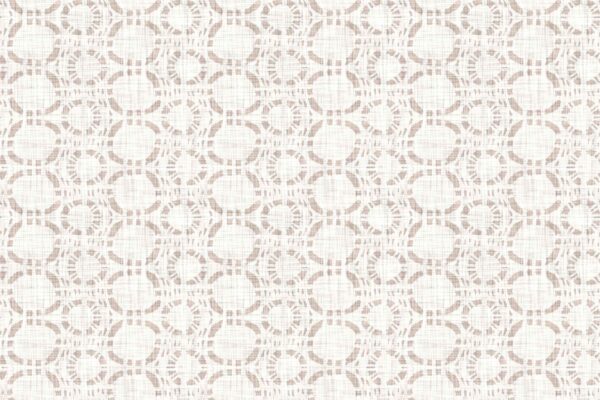 Wallpaper features interlocking light brown circles with a woven texture on a white background. Geometric, rustic pattern highlights circular shapes and earthy tones.