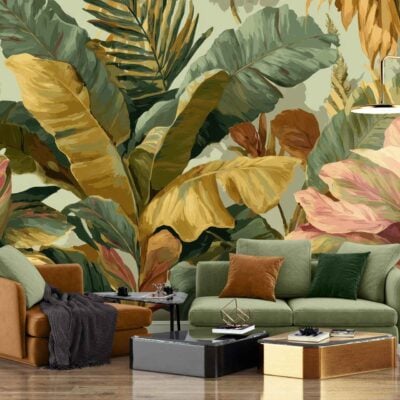 Large tropical leaf mural wallpaper with lush green, deep emerald, and hints of yellow tones; bold, overlapping foliage patterns create a vibrant botanical atmosphere.
