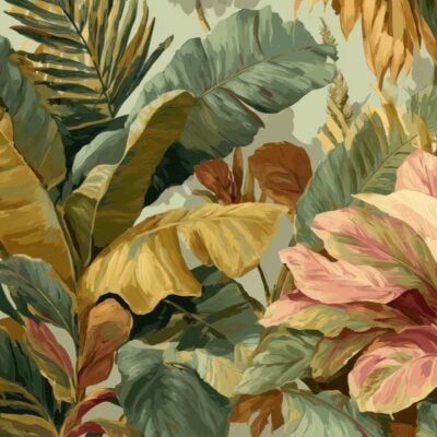 Tropical wallpaper with overlapping large green, yellow, and pink leaves on a light background. Features lush foliage and a vibrant jungle pattern.