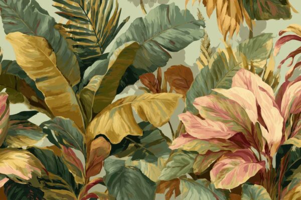 Tropical wallpaper with overlapping large green, yellow, and pink leaves on a light background. Features lush foliage and a vibrant jungle pattern.