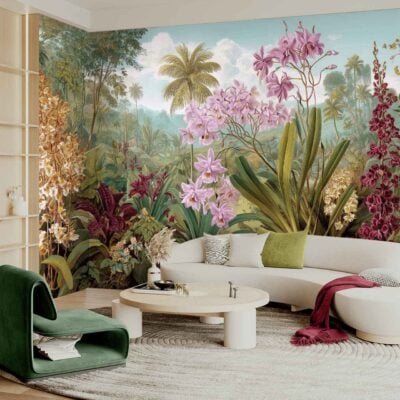 Wallpaper featuring a vibrant tropical jungle with colorful flowers, palm trees, and dense green foliage. Bright hues of pink, orange, yellow, and various greens dominate the mural design.