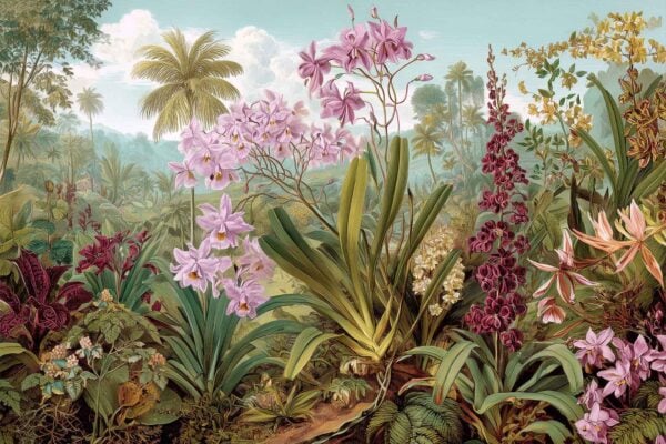 Wallpaper featuring tall green plants, palm trees, and blooming orchids in pink, purple, and white set against a blue sky. Vibrant botanical patterns and lush tropical foliage dominate the design.