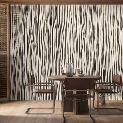 Striped wallpaper with bold, wavy black lines on a light background. The design features strong visual contrast, creating a modern monochrome look ideal for striking accent walls.
