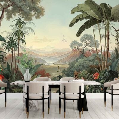 Wallpaper features a lush tropical jungle with vibrant green trees, colorful birds, and misty distant mountains. The mural displays shades of green, blue, and pops of bright plumage colors for the birds in an exotic forest setting.