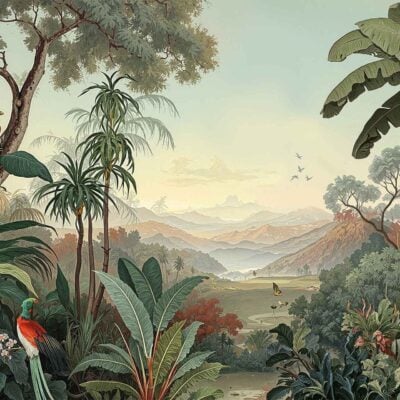 Wallpaper features lush greenery, vibrant tropical plants, colorful foliage, and leafy patterns. Two bright birds perch on leaves; subtle distant blue mountains appear below a gentle pastel sky. Scattered birds in flight and abundant plant textures create a vivid, nature-inspired, exotic wallpaper design.