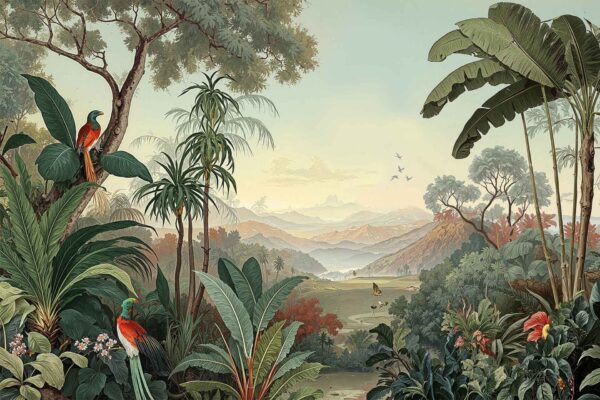 Wallpaper features lush greenery, vibrant tropical plants, colorful foliage, and leafy patterns. Two bright birds perch on leaves; subtle distant blue mountains appear below a gentle pastel sky. Scattered birds in flight and abundant plant textures create a vivid, nature-inspired, exotic wallpaper design.