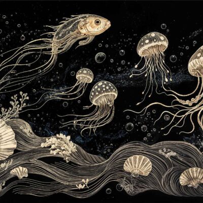 Nautical-themed wallpaper featuring jellyfish and a fish with long, flowing tentacles, detailed shells, and seaweed set against a dark starry background. Whimsical underwater elements in deep blue, white, and soft pastel accents.