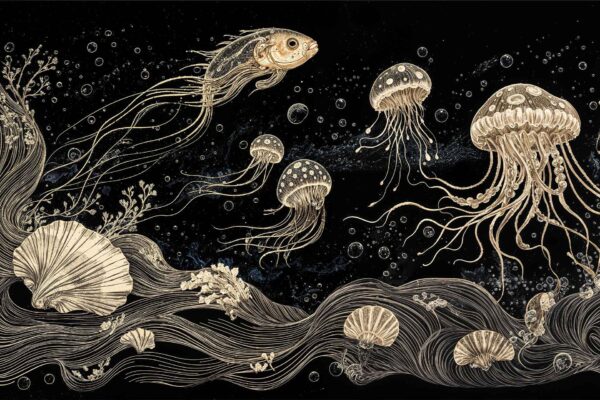 Nautical-themed wallpaper featuring jellyfish and a fish with long, flowing tentacles, detailed shells, and seaweed set against a dark starry background. Whimsical underwater elements in deep blue, white, and soft pastel accents.