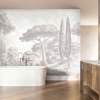 Large grayscale tree mural wallpaper dominates the bathroom, featuring detailed branches and foliage in tones of black, white, and gray.