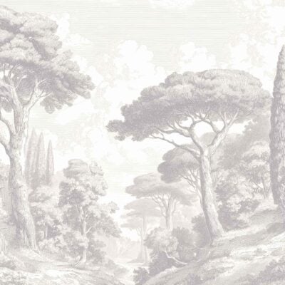 Grayscale wallpaper with tall trees, dense foliage, and a winding forest path. Vintage hand-drawn look with soft shading and textured details throughout the landscape. Dominated by gray tones, creating a serene natural scene ideal for nature-themed decor.