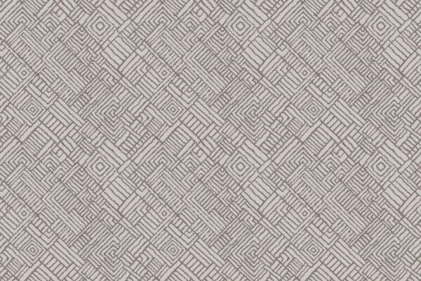 Wallpaper with brown hand-drawn overlapping squares, rectangles, and swirling lines on a white background. Features intricate, repetitive geometric patterns for a textured, maze-like look.