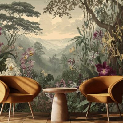 Large detailed wallpaper mural from 41990 features a lush jungle scene with vibrant green foliage, colorful flowers in pink, red, and yellow, tall trees, and a distant misty landscape. The wall art is rich in botanical elements and vivid natural colors.