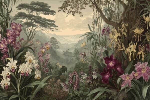Wallpaper featuring a pattern of vibrant orchids in white, pink, purple, and yellow set against lush green foliage. Background includes silhouettes of tall trees and misty blue-gray mountains beneath a soft, cloudy sky.