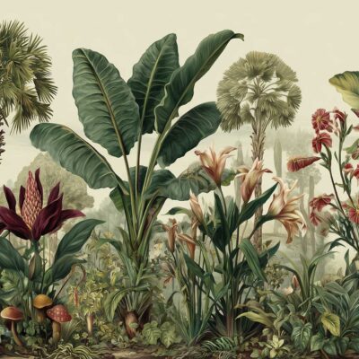 Tropical wallpaper with large green leaves, palm trees, colorful flowers, mushrooms, and dense foliage on a pale background; vibrant greens and pops of red, pink, and orange among lush jungle elements.