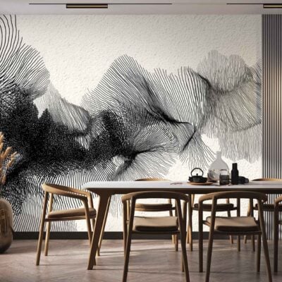 Abstract black and gray mural wallpaper with prominent wavy, flowing lines. The design features bold contrasts and a modern aesthetic, making it a contemporary focal point for the room.